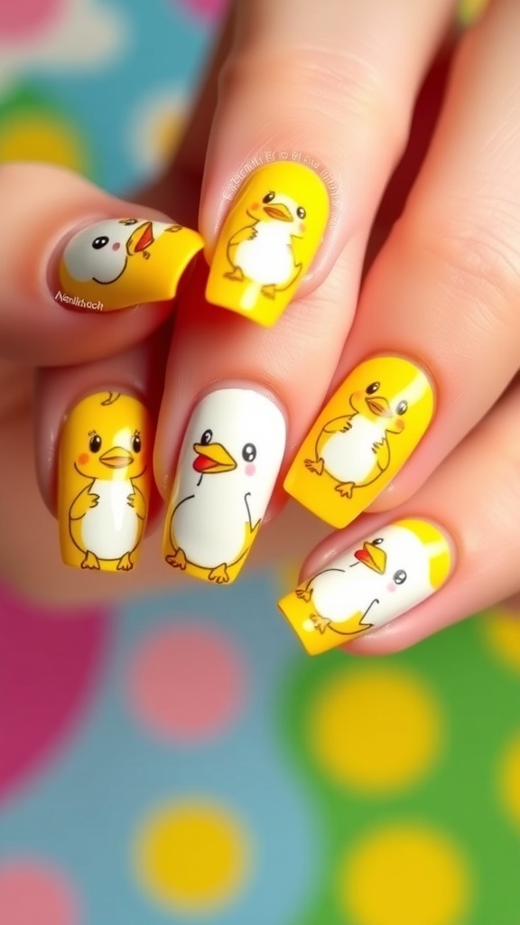 Nail art featuring cute duck designs in yellow and white, representing 2000s style.